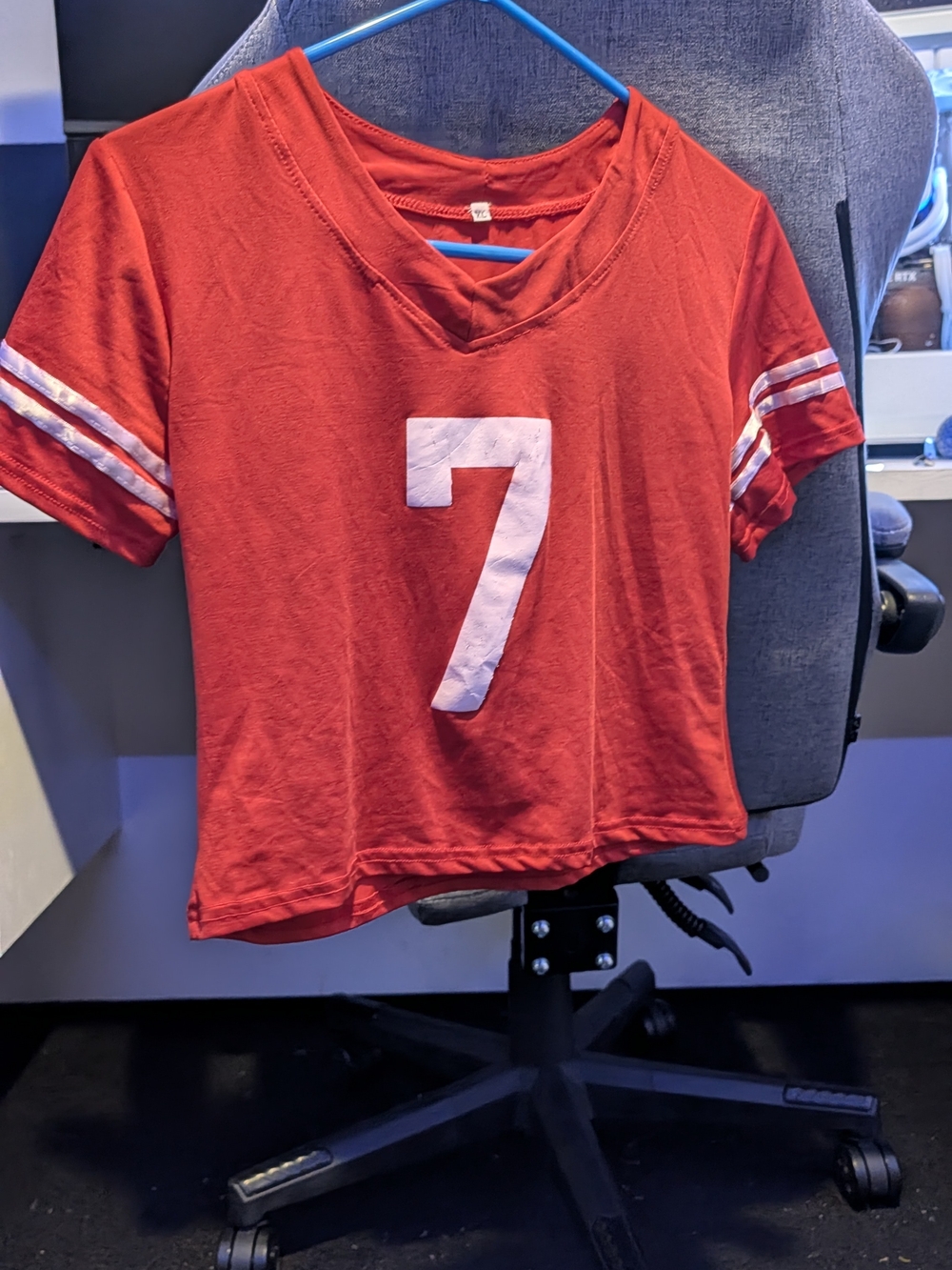 Red V-Neck Crop Tee with White Number 7
